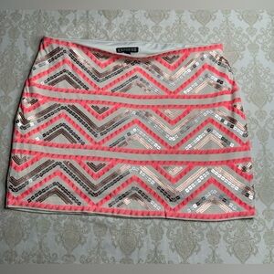 Express Pink & Ivory Sequin Aztec Embellished Tribal Print Mini Skirt – Medium